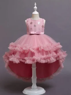 Flower Girl Dresses A-Line Jewel Neck Sleeveless Red Bows Sequined Tulle Cotton Kids Social Party Dresses Princess Dress