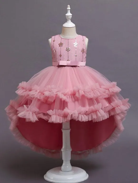 Flower Girl Dresses A-Line Jewel Neck Sleeveless Red Bows Sequined Tulle Cotton Kids Social Party Dresses Princess Dress