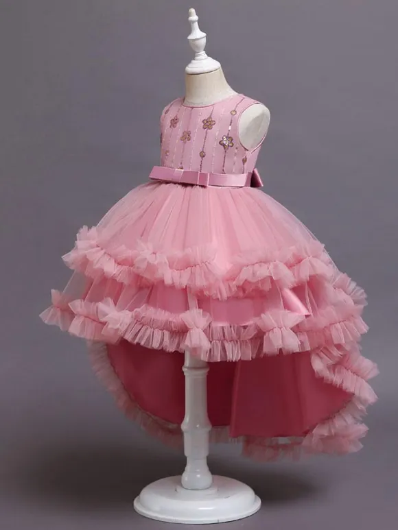Flower Girl Dresses A-Line Jewel Neck Sleeveless Red Bows Sequined Tulle Cotton Kids Social Party Dresses Princess Dress