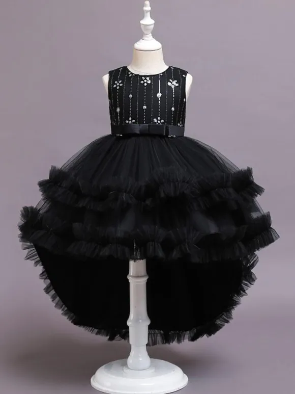 Flower Girl Dresses A-Line Jewel Neck Sleeveless Red Bows Sequined Tulle Cotton Kids Social Party Dresses Princess Dress