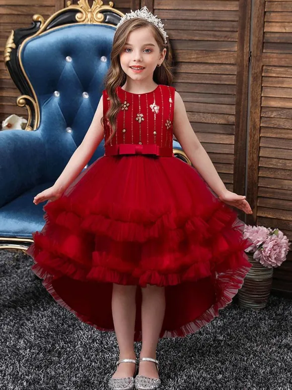 Flower Girl Dresses A-Line Jewel Neck Sleeveless Red Bows Sequined Tulle Cotton Kids Social Party Dresses Princess Dress