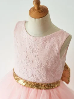 Flower Girl Dresses Bows Sleeveless Jewel Neck Pink Kids Party Dresses