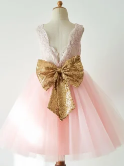 Flower Girl Dresses Bows Sleeveless Jewel Neck Pink Kids Party Dresses
