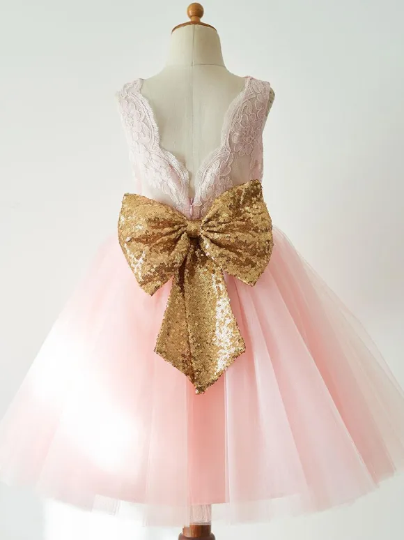 Flower Girl Dresses Bows Sleeveless Jewel Neck Pink Kids Party Dresses
