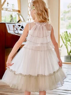 Flower Girl Dresses Champagne Jewel Neck Sleeveless Lace Tulle Flowers Kids Social Party Dresses