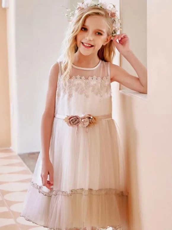 Flower Girl Dresses Champagne Jewel Neck Sleeveless Lace Tulle Flowers Kids Social Party Dresses