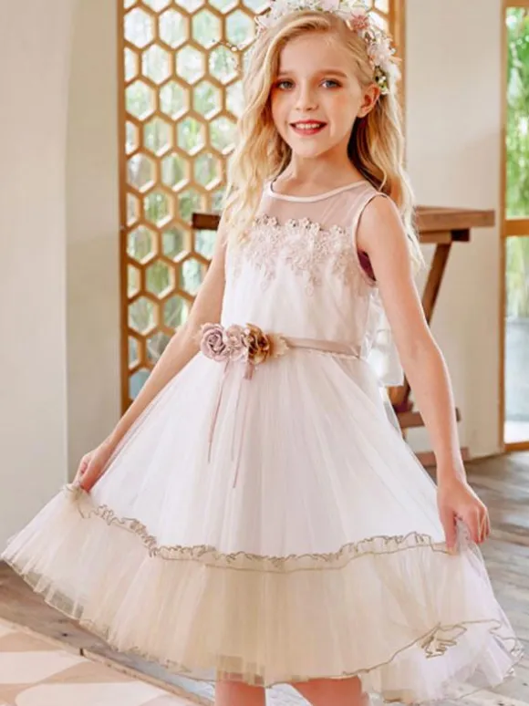 Flower Girl Dresses Champagne Jewel Neck Sleeveless Lace Tulle Flowers Kids Social Party Dresses