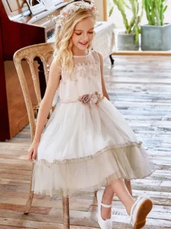 Flower Girl Dresses Champagne Jewel Neck Sleeveless Lace Tulle Flowers Kids Social Party Dresses