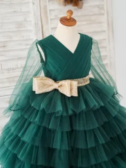 Flower Girl Dresses Green V-Neck Long Sleeves Sash Kids Social Party Dresses Free Customization