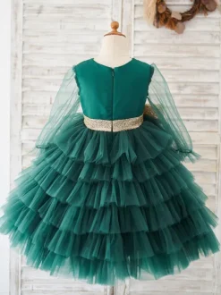 Flower Girl Dresses Green V-Neck Long Sleeves Sash Kids Social Party Dresses Free Customization
