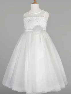Flower Girl Dresses Ivory Tulle Jewel Neck Sleeveless A-Line Beaded Kids Social Party Dresses Free Customization