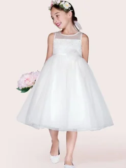 Flower Girl Dresses Ivory Tulle Jewel Neck Sleeveless A-Line Beaded Kids Social Party Dresses Free Customization