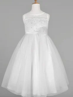 Flower Girl Dresses Ivory Tulle Jewel Neck Sleeveless A-Line Beaded Kids Social Party Dresses Free Customization