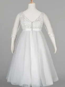Flower Girl Dresses Ivory Jewel Tulle Neck Tulle Half Sleeves A-Line Lace Kids Party Dresses Free Customization