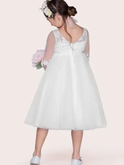 Flower Girl Dresses Ivory Jewel Tulle Neck Tulle Half Sleeves A-Line Lace Kids Party Dresses Free Customization