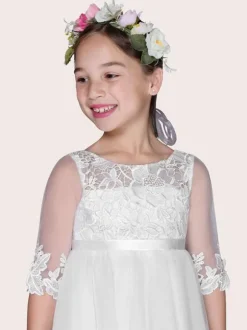 Flower Girl Dresses Ivory Jewel Tulle Neck Tulle Half Sleeves A-Line Lace Kids Party Dresses Free Customization