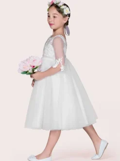Flower Girl Dresses Ivory Jewel Tulle Neck Tulle Half Sleeves A-Line Lace Kids Party Dresses Free Customization