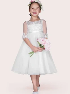 Flower Girl Dresses Ivory Jewel Tulle Neck Tulle Half Sleeves A-Line Lace Kids Party Dresses Free Customization