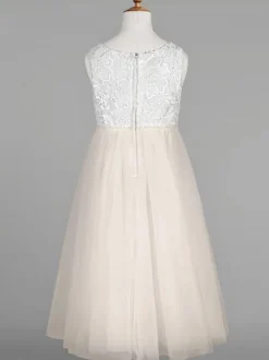 Flower Girl Dresses Ivory Tulle Jewel Neck Sleeveless Lace Formal Kids Pageant Dresses