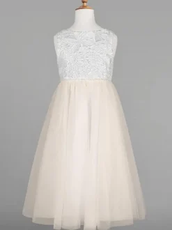 Flower Girl Dresses Ivory Tulle Jewel Neck Sleeveless Lace Formal Kids Pageant Dresses