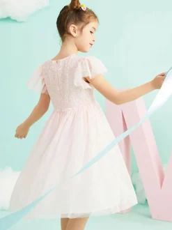 Flower Girl Dresses Jewel Neck Short Sleeves Formal Kids Pageant Dresses