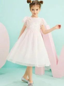 Flower Girl Dresses Jewel Neck Short Sleeves Formal Kids Pageant Dresses