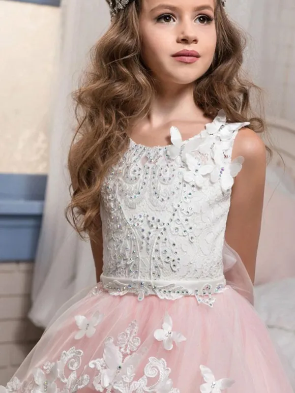 Flower Girl Dresses Jewel Neck Sleeveless Butterfly Formal Kids Princess Dresses