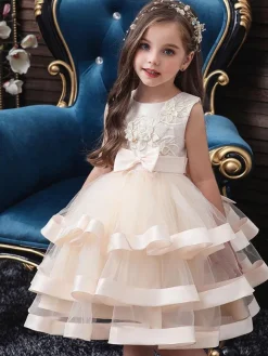 Flower Girl Dresses Jewel Neck Cotton Sleeveless Knee Length Princess Silhouette Bows Formal Kids Pageant Dresses