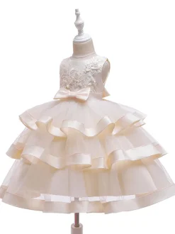 Flower Girl Dresses Jewel Neck Cotton Sleeveless Knee Length Princess Silhouette Bows Formal Kids Pageant Dresses