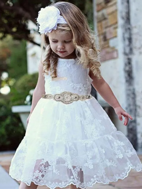 Flower Girl Dresses Jewel Neck Sleeveless Sash Lace Formal Kids Pageant Dresses