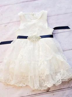 Flower Girl Dresses Jewel Neck Sleeveless Sash Lace Formal Kids Pageant Dresses