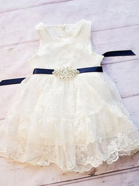 Flower Girl Dresses Jewel Neck Sleeveless Sash Lace Formal Kids Pageant Dresses