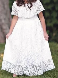 Flower Girl Dresses Jewel Neck Lace Short Sleeves Ankle Length A Line Pleated Formal Kids Pageant Dresses