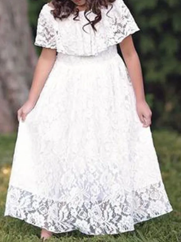 Flower Girl Dresses Jewel Neck Lace Short Sleeves Ankle Length A Line Pleated Formal Kids Pageant Dresses