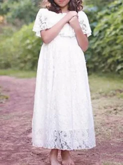 Flower Girl Dresses Jewel Neck Lace Short Sleeves Ankle Length A Line Pleated Formal Kids Pageant Dresses