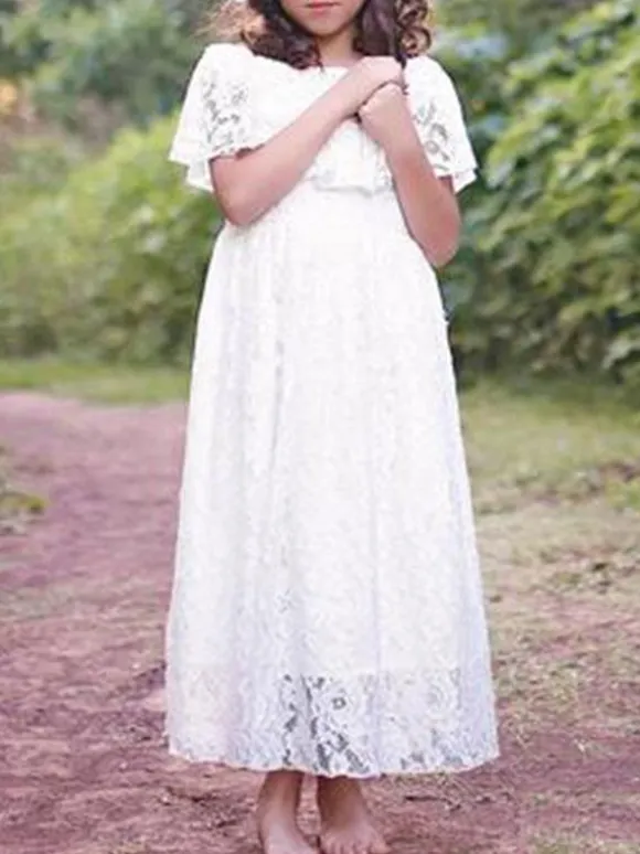 Flower Girl Dresses Jewel Neck Lace Short Sleeves Ankle Length A Line Pleated Formal Kids Pageant Dresses