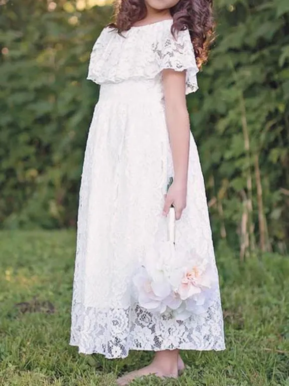 Flower Girl Dresses Jewel Neck Lace Short Sleeves Ankle Length A Line Pleated Formal Kids Pageant Dresses