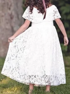 Flower Girl Dresses Jewel Neck Lace Short Sleeves Ankle Length A Line Pleated Formal Kids Pageant Dresses