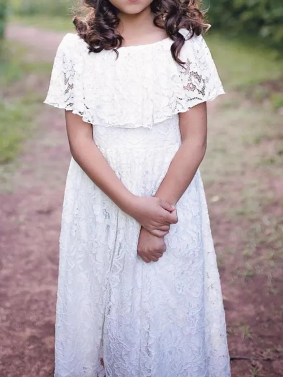 Flower Girl Dresses Jewel Neck Lace Short Sleeves Ankle Length A Line Pleated Formal Kids Pageant Dresses