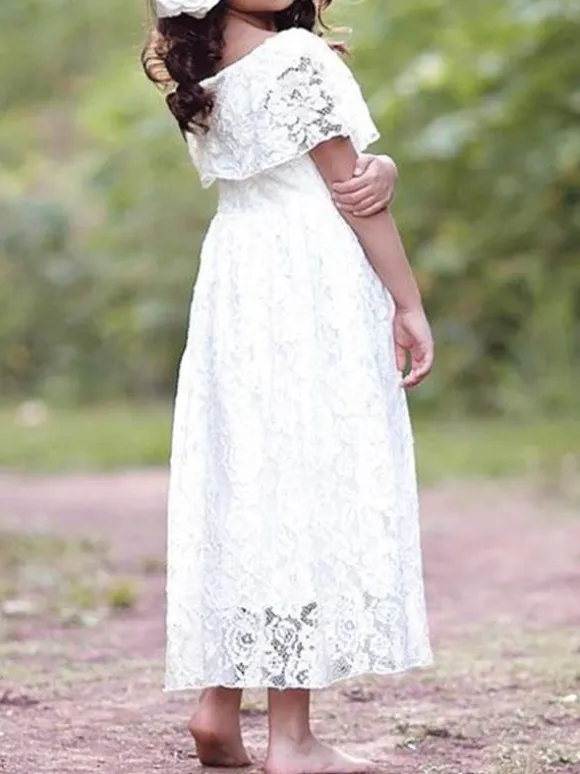 Flower Girl Dresses Jewel Neck Lace Short Sleeves Ankle Length A Line Pleated Formal Kids Pageant Dresses