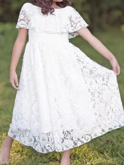 Flower Girl Dresses Jewel Neck Lace Short Sleeves Ankle Length A Line Pleated Formal Kids Pageant Dresses