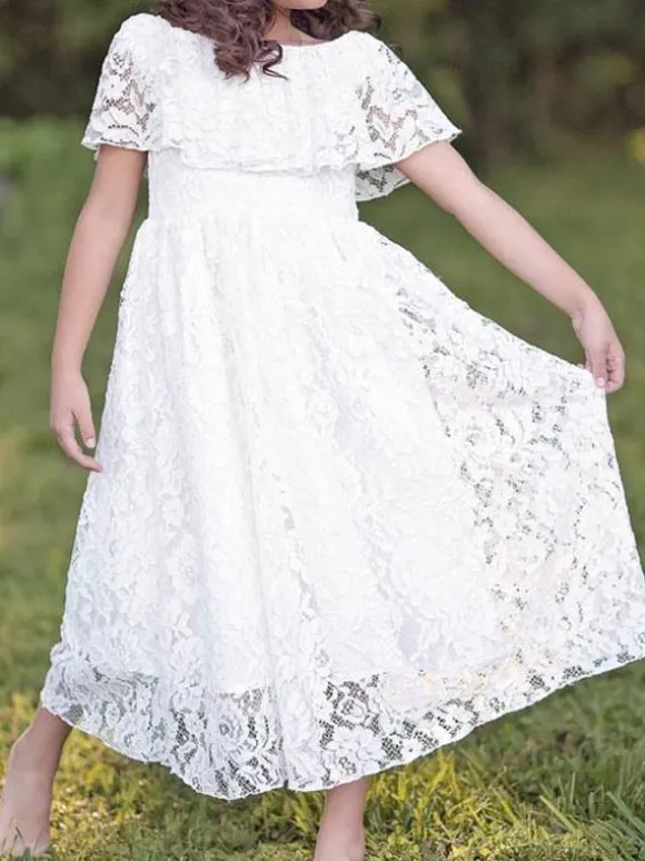 Flower Girl Dresses Jewel Neck Lace Short Sleeves Ankle Length A Line Pleated Formal Kids Pageant Dresses