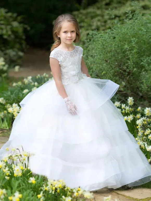 Flower Girl Dresses Jewel Neck Short Sleeves Sash Floor Length Kids Party Dresses