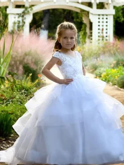 Flower Girl Dresses Jewel Neck Short Sleeves Sash Floor Length Kids Party Dresses