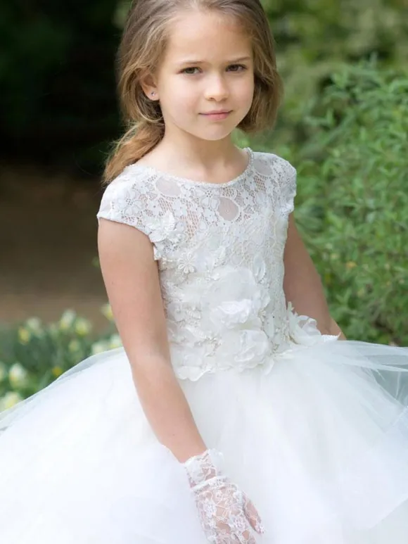 Flower Girl Dresses Jewel Neck Short Sleeves Sash Floor Length Kids Party Dresses