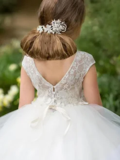 Flower Girl Dresses Jewel Neck Short Sleeves Sash Floor Length Kids Party Dresses