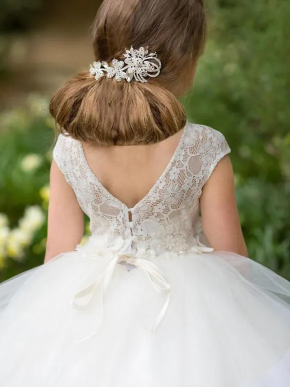 Flower Girl Dresses Jewel Neck Short Sleeves Sash Floor Length Kids Party Dresses