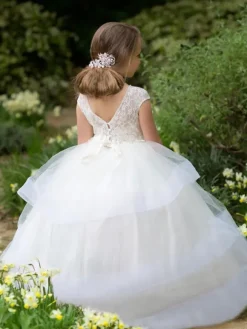 Flower Girl Dresses Jewel Neck Short Sleeves Sash Floor Length Kids Party Dresses