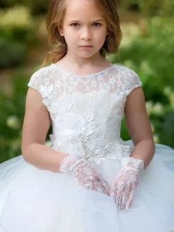 Flower Girl Dresses Jewel Neck Short Sleeves Sash Floor Length Kids Party Dresses