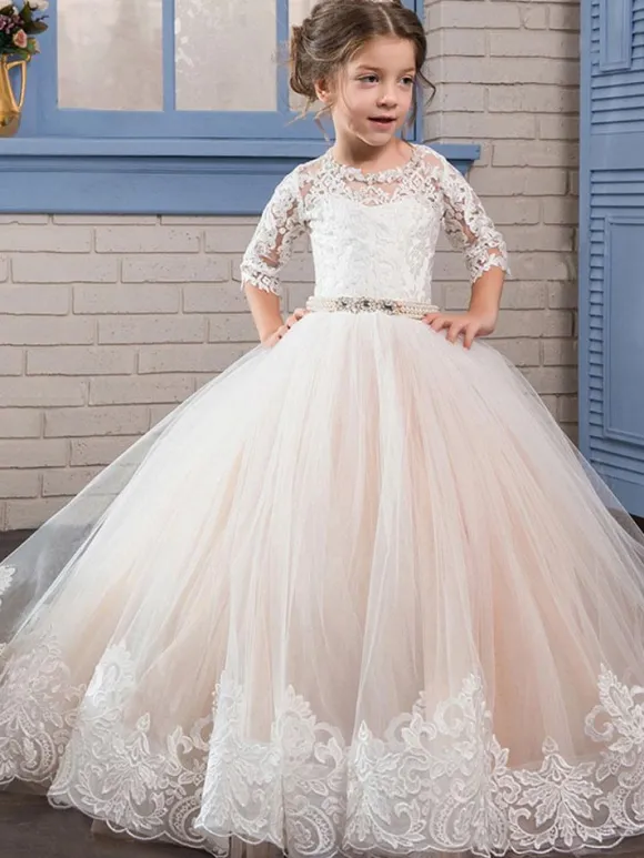 Flower Girl Dresses Jewel Neck Lace Long Sleeves Floor-Length Princess Silhouette Embroidered Formal Kids Pageant Dresses